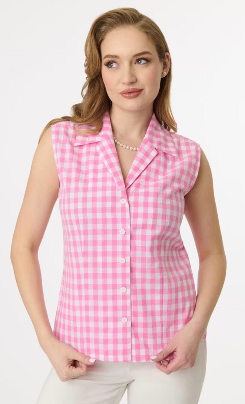 Unique Vintage Pink White Gingham Sleeveless Notched Collar Blouse Top XL NWT